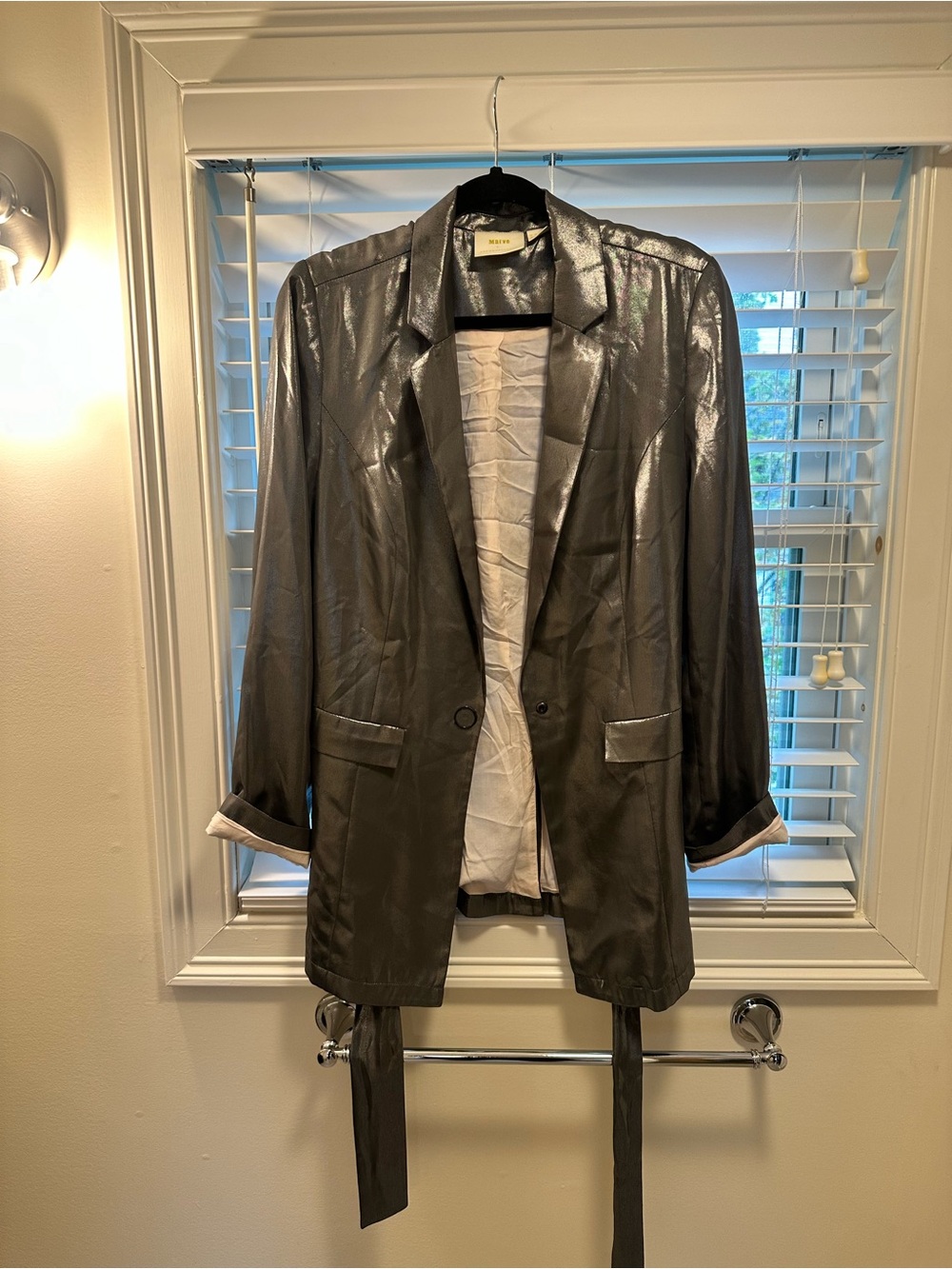 Anthropologie Shimmery Silver Longline Blazer with Belt
